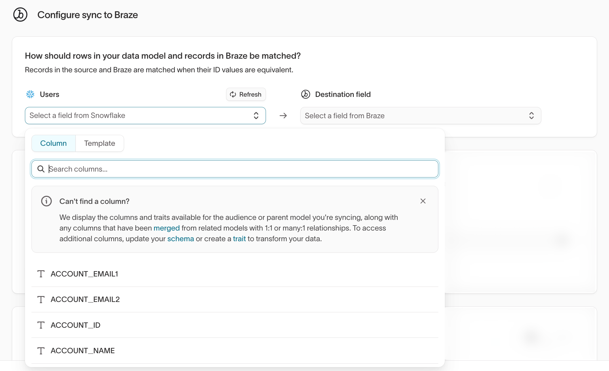 Selecting the model column to match on