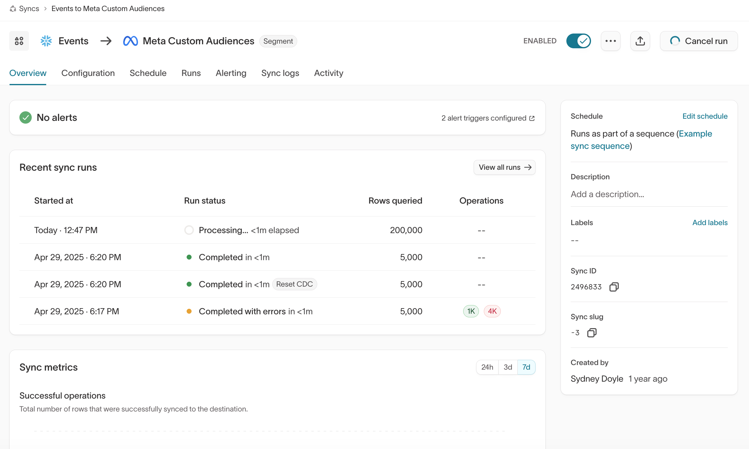 An individual sync's overview page