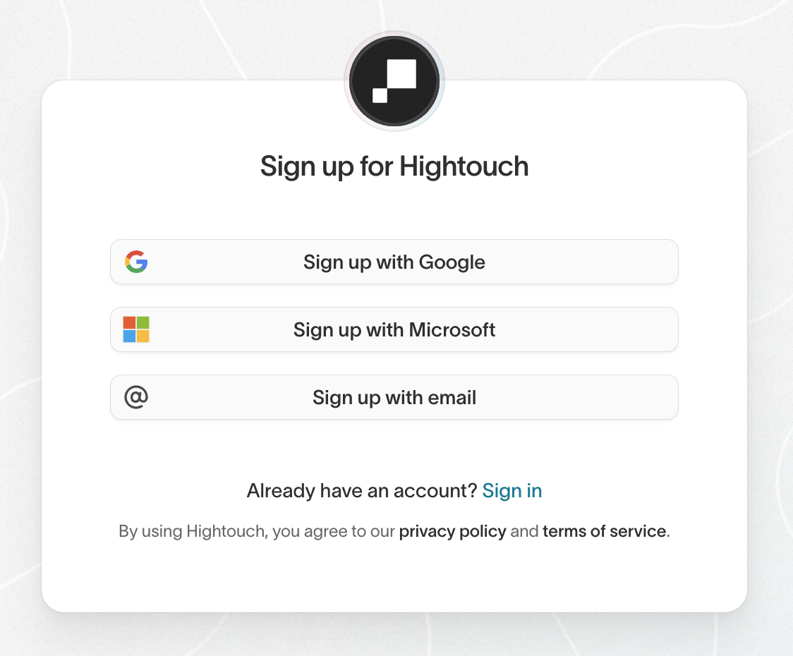 The Hightouch sign-up screen with Google, Microsoft, and email options