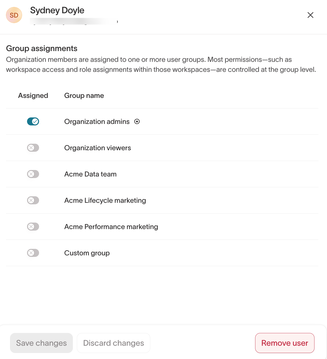 A user's Group assignments, with a toggle to assign each group