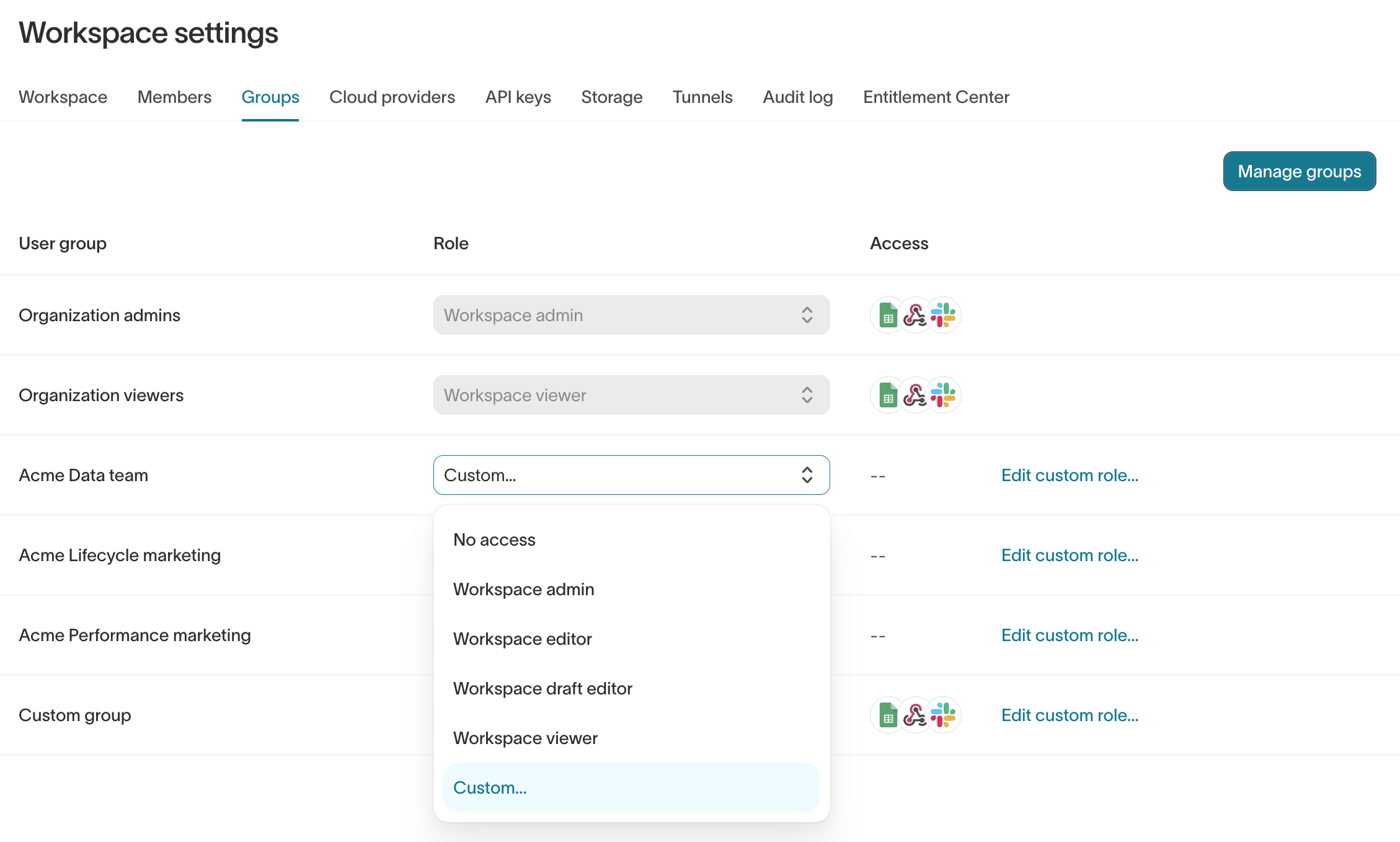 The Groups tab in Workspace settings, with the Role dropdown open for a group