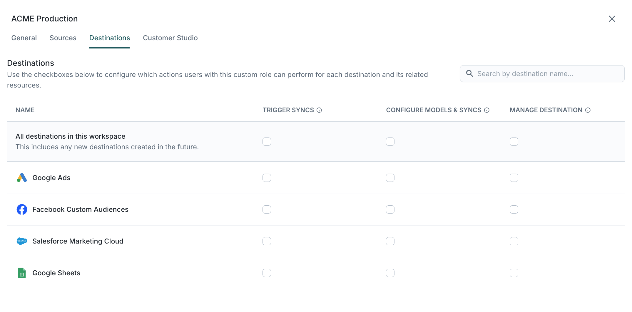 Custom role panel for destinations