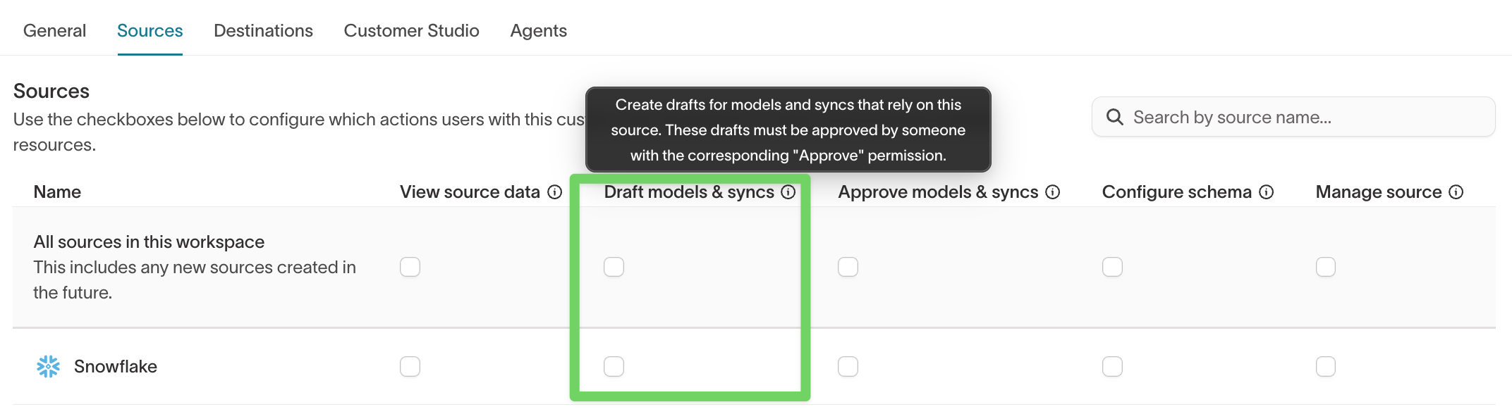 Custom role builder showing Draft models & syncs and Approve models & syncs permissions for sources
